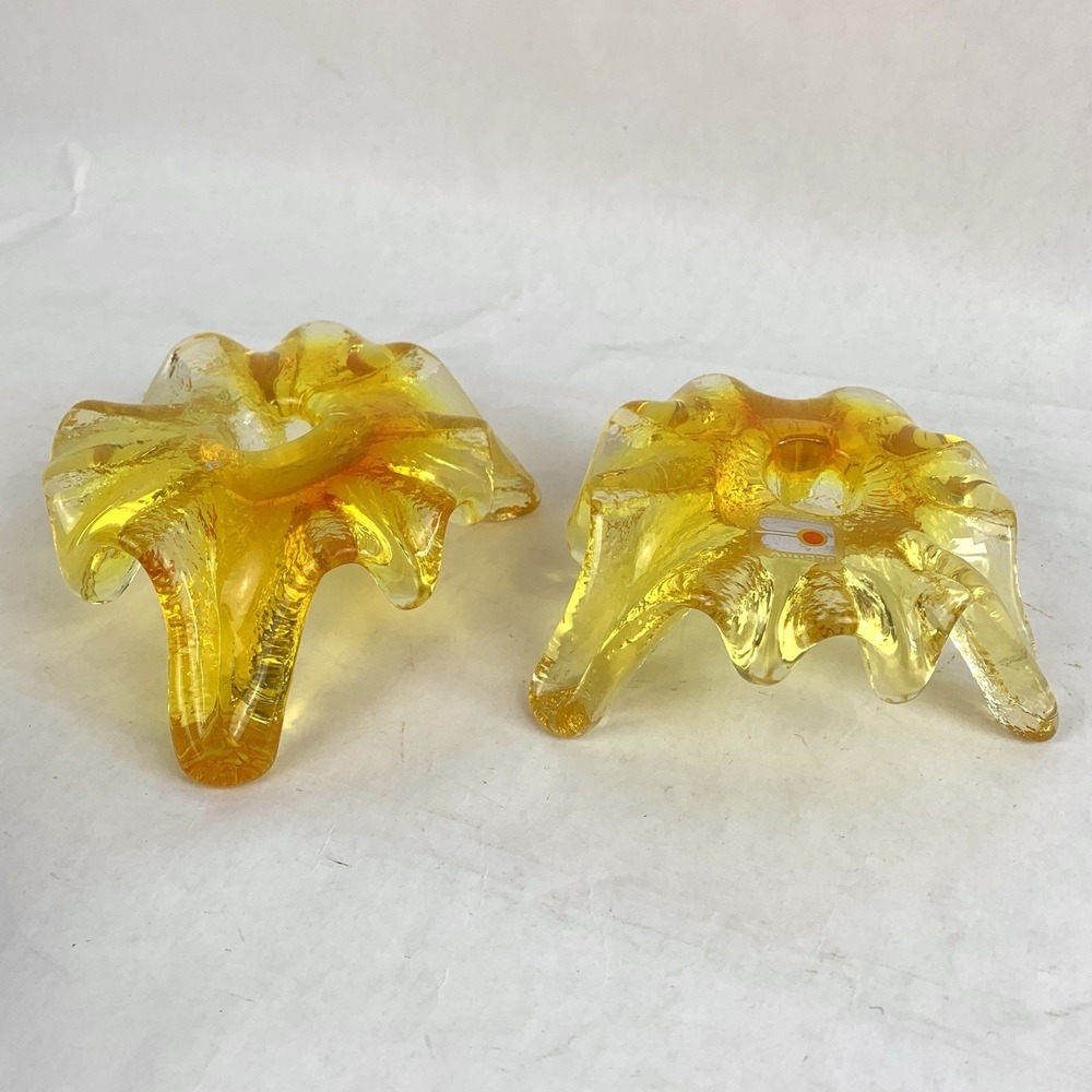 Vintage BLENKO Glass Yellow Candlestick Holder Rare Color Atomic Ice Art Glass